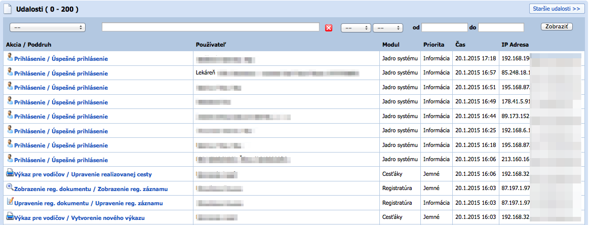 Zoznam udalostí v module Audit