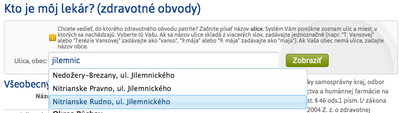 Vyhľadanie ulice zdravotného obvodu